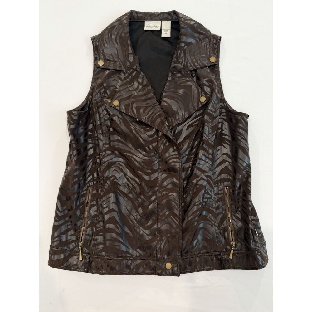 Chico's Brown Zebra Print Moto Vest Sheen Lightweight Edgy Fall Biker Jacket 2